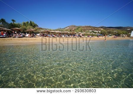Paros, Greece, September 15 2018, An Elite Tourism Crowds Faragas Beach Due To An Unbelievable Turqu