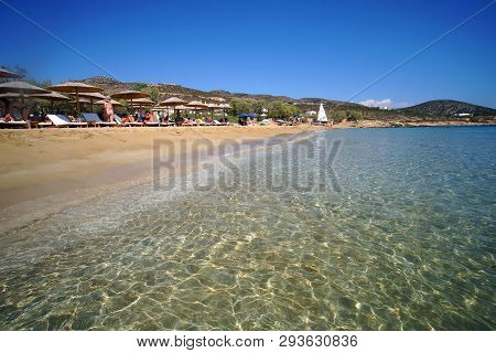 Paros, Greece, 15 September 2018, Tourism Crowds Faragas Beach Due To An Incredible Turquoise And Cr