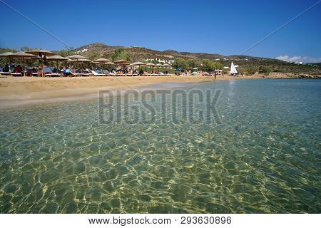 Paros, Greece, 15 September 2018, Tourism Crowds Faragas Beach Due To An Incredible Turquoise And Cr
