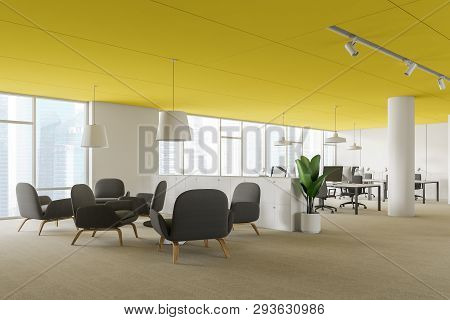 Modern Office Waiting Room Corner With White Walls, Yellow Ceiling, Gray Armchairs Near Black Coffee