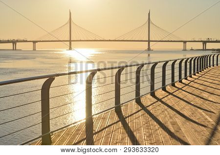 Cable Bridge Across The Petrovsky Fairway At Sunset In Saint Petersburg, Russia. Part Of The Western