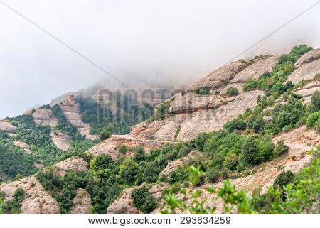 Aerial View On Santa Maria De Montserrat Abbey In Montserrat Mountains, Spain
