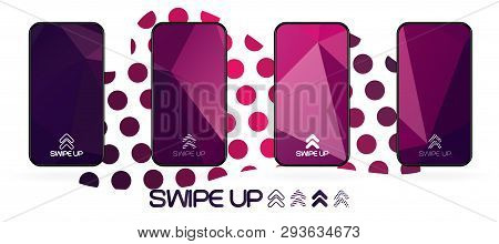 Triangular Polygonal Geometric Abstract Background With Swipe Up Icon. Bright Violet And Dark  Purpl
