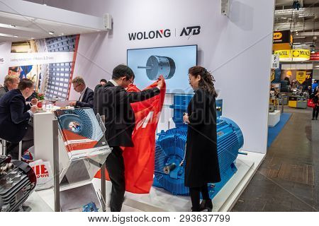 Hannover , Germany - April 02 2019 : Wolong Is Presenting The Newest Innovations At The Hannover Fai