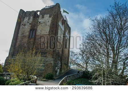 Medieval Castle On Top Of A Hill In Guildford Surrey. Seen Here On A Clear Summers Day Flying The Fl