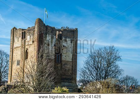 Medieval Castle On Top Of A Hill In Guildford Surrey. Seen Here On A Clear Summers Day Flying The Fl