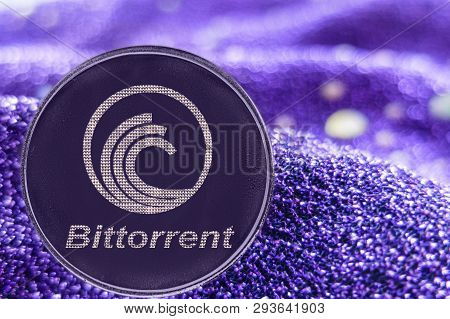 Coin Cryptocurrency Bittorrent And Neon Fabric Background. Btt Fork Tron