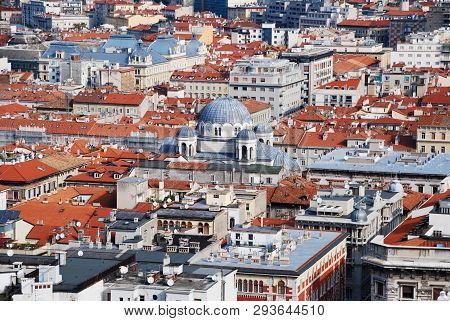 Aerial View Of Trieste Focused On The Dome Of Saint Spyridon Church, Italy