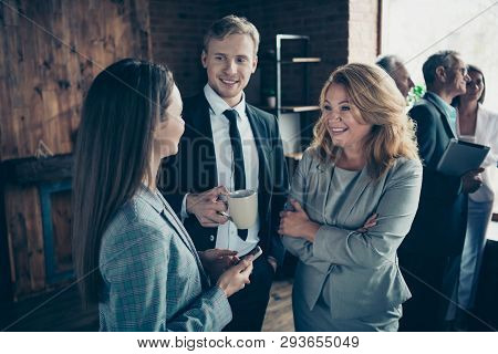 Close Up Photo Confident Business People Excited She Her Mature Boss Lady He Him His Conversation Te