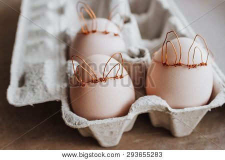 Easter Diy Egg, Made In Bunny Style. Minimal Easter Concept, Idea With Rabbit. Craft Hipster Holiday
