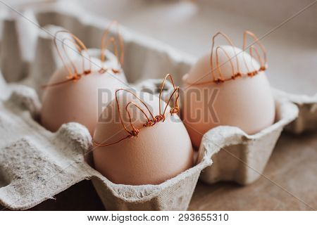 Easter Diy Egg, Made In Bunny Style. Minimal Easter Concept, Idea With Rabbit. Craft Hipster Holiday