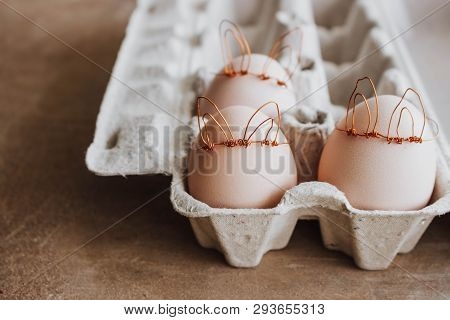 Easter Diy Egg, Made In Bunny Style. Minimal Easter Concept, Idea With Rabbit. Craft Hipster Holiday