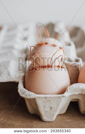 Easter Diy Egg, Made In Bunny Style. Minimal Easter Concept, Idea With Rabbit. Craft Hipster Holiday