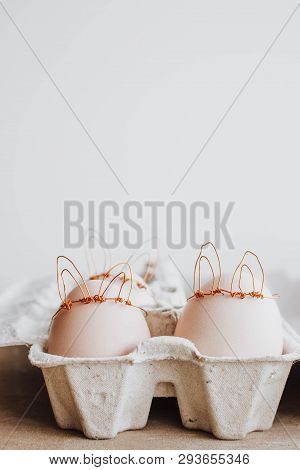 Easter Diy Egg, Made In Bunny Style. Minimal Easter Concept, Idea With Rabbit. Craft Hipster Holiday
