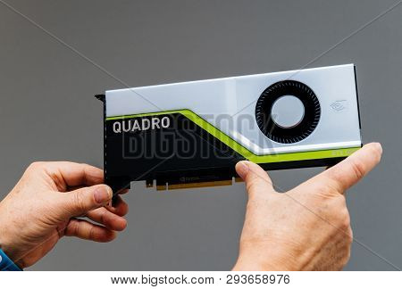 Paris, France - Mar 28 2019: Senior Man Showing Latest Nvidia Quadro Rtx 5000 Workstation Gpu With T