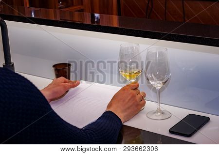 Sommelier, Cavist. Training In School Sommelier. Wine School. Wine Tasting. A Glass With White Wine 