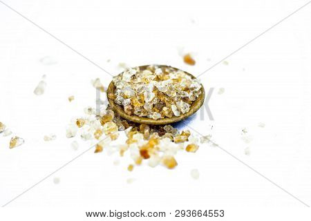 Close Up Of Popular Indian &asian Spices Isolated On White In A Glass Plate I.e.  Khatira Gond Or Qu