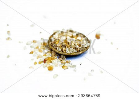 Close Up Of Popular Indian &asian Spices Isolated On White In A Glass Plate I.e.  Khatira Gond Or Qu