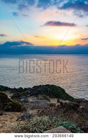 Sunrise Over Pacific Ocean From Cliff Side With Plants
