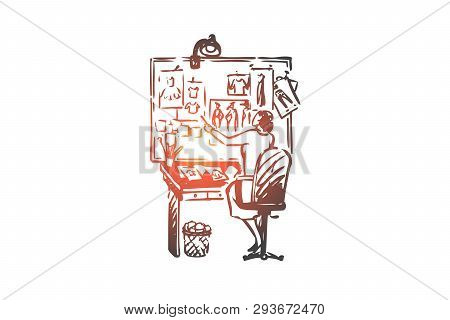 Work, Fashion Designer, Couturier, Fabric Concept. Hand Drawn Fashion Designer In Working Process Co
