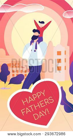 Vertical Flat Postcard Written Happy Fathers Day. Vector Illustration On Pink Background. Dad In Cas