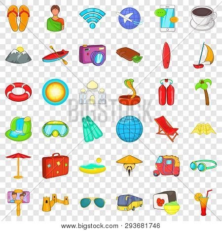Long Travel Icons Set. Cartoon Style Of 36 Long Travel Vector Icons For Web For Any Design