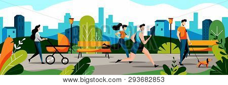 People In City Park. Vector Flat Illustration. Spring And Summer Weekend Leisure Activity Concept. J