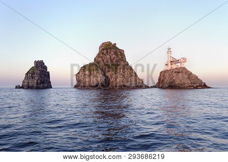 View On Archipelago Of Three Islands In Busan, South Korea With Lighthouse (deungdaedo) On One Of Th