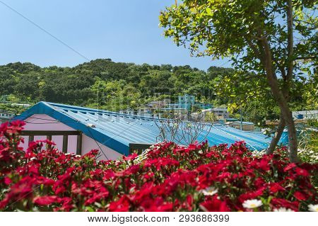 Close Up View Of Blue Roof At Gamcheon Culture Village In Busan On Sunny Spring Day, South Korea