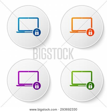 Color Laptop And Lock Icon Isolated On White Background. Computer And Padlock. Security, Safety, Pro