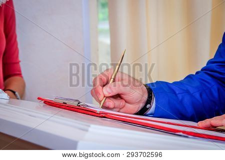 Hand Signs In The Registry Office. Painting In The Registry Office. Marriage Union Of Loving People.