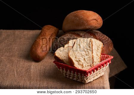 Breads And Baguette Concept Of Teasty Home Food Close Up On Table