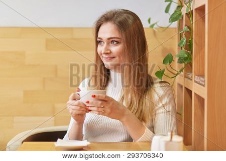 Sincere Cute Young Lady Sits In Local Cafeteria Near Wooden Shelf With Green Plant Behind Her, Holds