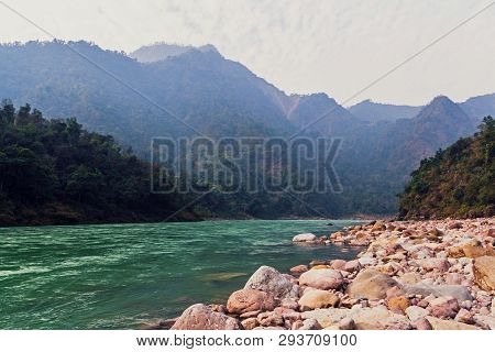 Landscape Near The City Of Rishikesh India With The Sacred River Ganges And Mountains. Beautiful Mou