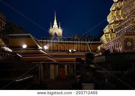 Bangkok, Thailand - April 6, 2018: Wat Pho Buddist Temple - Decorated In Gold And Bright Colors Wher