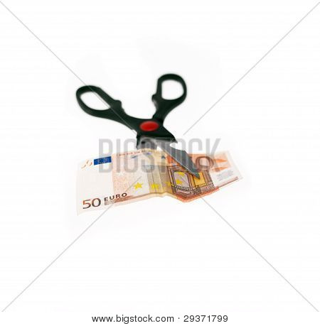 Forbici taglio Euro Bill Isolated On White