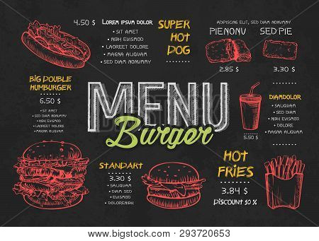 Burger Menu Poster Design On The Chalkboard Elements. Fast Food Menu Skech Style. Can Be Used For La