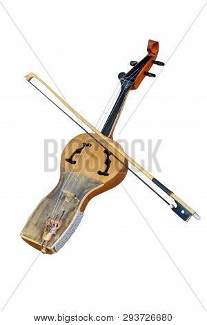 Kazakh Folk Musical Instrument Kobyz, Prima With Bow Isolated On White Background