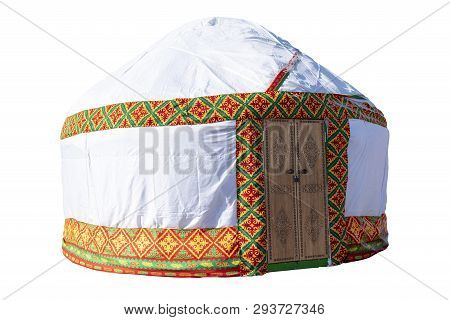White Yurt, Housing Of Kazakh Nomadic Tribes Isolated On White Background