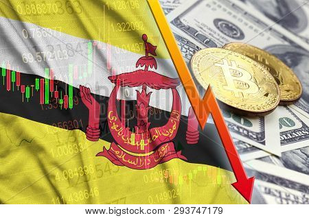 Brunei Darussalam Flag And Cryptocurrency Falling Trend With Two Bitcoins On Dollar Bills