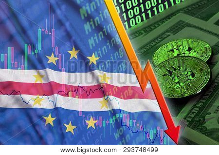 Cabo Verde Flag And Cryptocurrency Falling Trend With Two Bitcoins On Dollar Bills And Binary Code D
