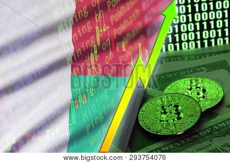 Madagascar Flag And Cryptocurrency Growing Trend With Two Bitcoins On Dollar Bills And Binary Code D