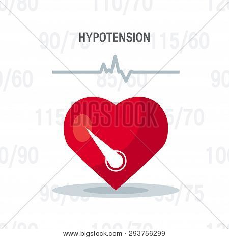Hypotension Vector Concept. Heart As Blood Pressure Monitor In Flat Style.
