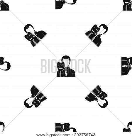Businessman Holding Smile Mask Pattern Repeat Seamless In Black Color For Any Design. Geometric Illu