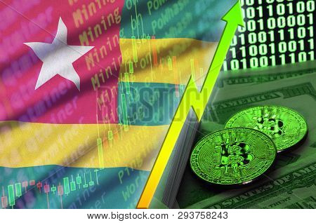 Togo Flag And Cryptocurrency Growing Trend With Two Bitcoins On Dollar Bills And Binary Code Display