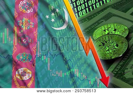 Turkmenistan Flag And Cryptocurrency Falling Trend With Two Bitcoins On Dollar Bills And Binary Code