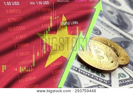 Vietnam Flag And Cryptocurrency Growing Trend With Two Bitcoins On Dollar Bills