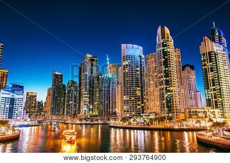 Modern Residential Architecture Of Dubai Marina, United Arab Emirates. City Skyline By Night.