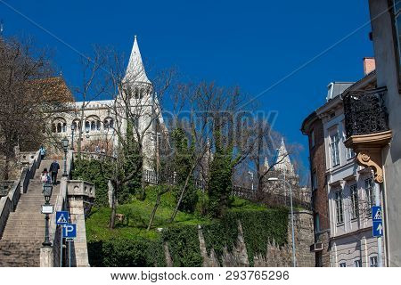 Budapest, Hungary - April, 2018: Fisherman Bastion A Terrace Located On The Buda Bank Of The Danube 