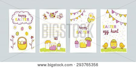 Easter Vector Backgrounds Set With Easter Cakes, Flags, Candles, Flowers, Chickens, Butterfly, Drago